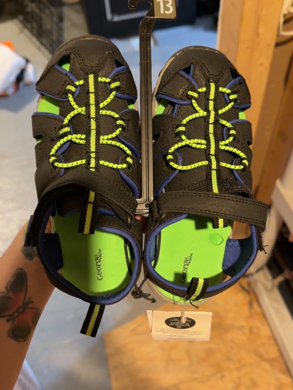 George Kids Black Sandals with Neon Green and Royal Blue Accents